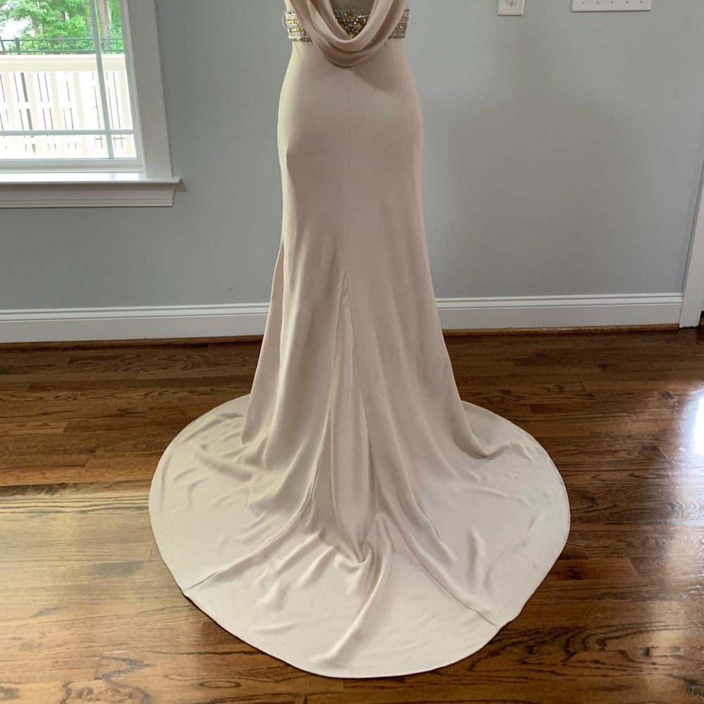 ❤️NWT $795 RICKIE FREEMAN FOR TERI JON Champagne Beaded Gown -Neiman Marcus Sz 8